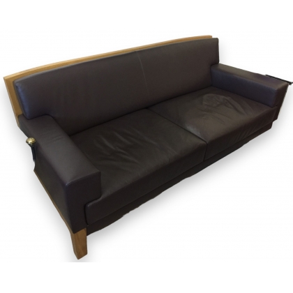 Canapé 3 places en cuir brun, armature en bois