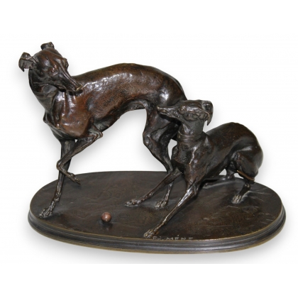 Bronze \"Deux levrettes jouant\" signé MÈNE
