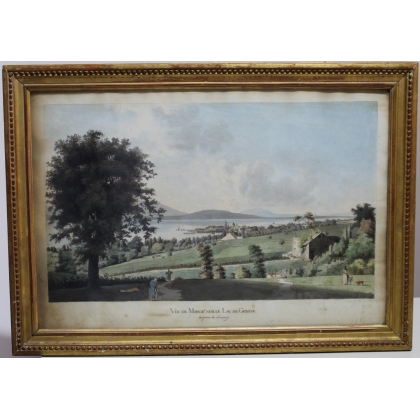 Watercolour engraving ‘Morges’ by FERRIÈRE, published by Moinat SA – Antiques and decorative items – Engravings, lithographs