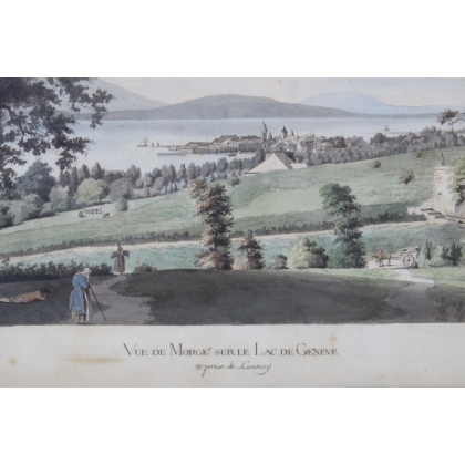 Watercolour engraving ‘Morges’ by FERRIÈRE, published by Moinat SA – Antiques and decorative items – Engravings, lithographs