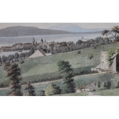 Watercolour engraving ‘Morges’ by FERRIÈRE, published by Moinat SA – Antiques and decorative items – Engravings, lithographs