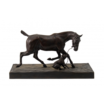 Sculpture \"Cheval retenu par un bouledogue\"