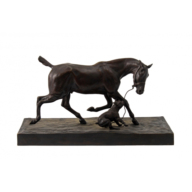 Sculpture \"Cheval retenu par un bouledogue\"