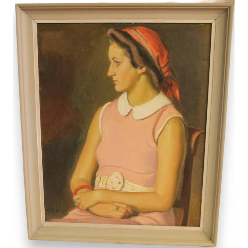 Paintings | Painting entitled ‘Woman with a Red Scarf’ by A. CACHEUX, Moinat SA  – Antiques and home décor
