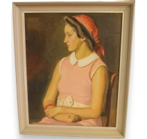 Tableau "Femme au foulard rouge" signé A. CACHEUX