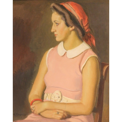 Paintings | Painting entitled ‘Woman with a Red Scarf’ by A. CACHEUX, Moinat SA  – Antiques and home décor