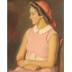 Tableau "Femme au foulard rouge" signé A. CACHEUX