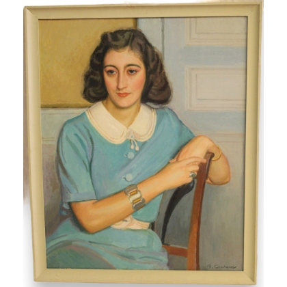 Tableau \"Femme en robe bleue\" signé A. CACHEUX