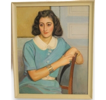 Tableau "Femme en robe bleue" signé A. CACHEUX