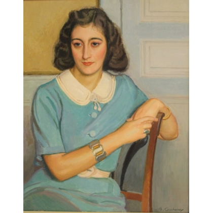 Paintings | Painting entitled ‘Woman in a Blue Dress’ by A. CACHEUX, Moinat SA  – Antiques and home décor