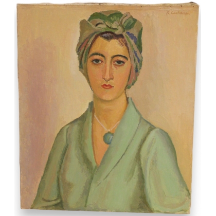 Tableau \"Femme en robe verte\" signé A. CACHEUX