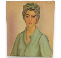 Tableau "Femme en robe verte" signé A. CACHEUX