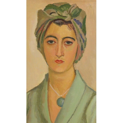 Tableau \"Femme en robe verte\" signé A. CACHEUX