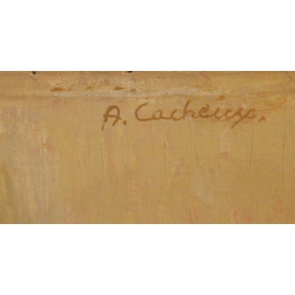 Tableau \"Femme en robe verte\" signé A. CACHEUX
