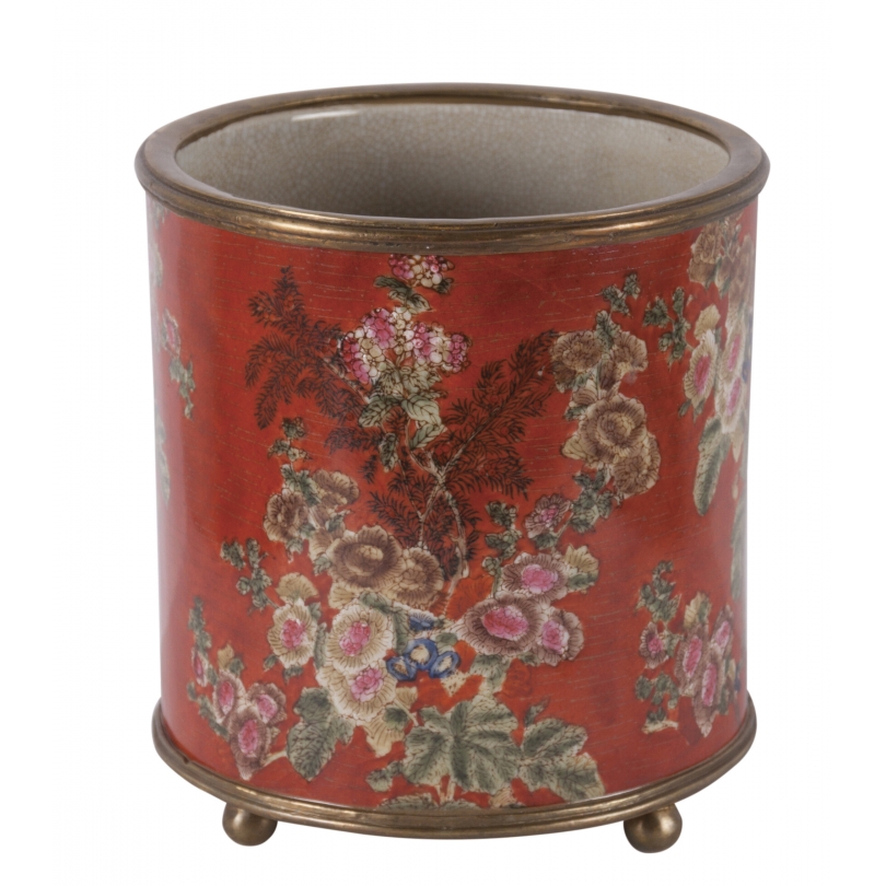 Cache-pot rond en porcelaine "Fleurs", orange