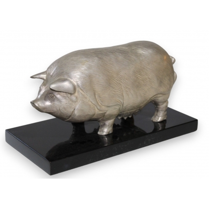 Cochon en bronze argenté, socle noir