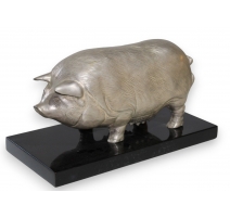 Cochon en bronze argenté, socle noir