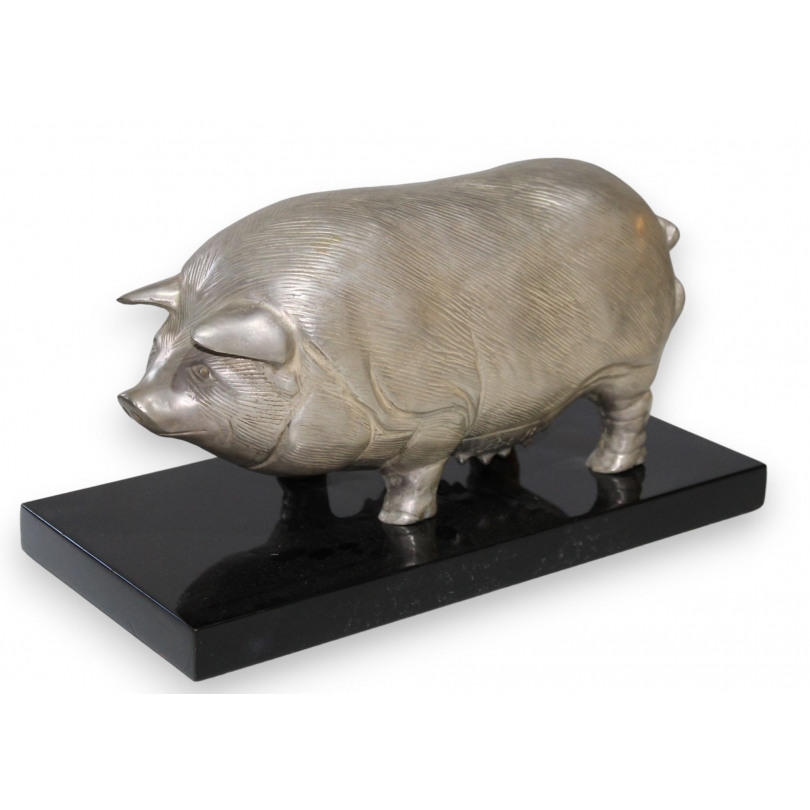 Cochon en bronze argenté, socle noir