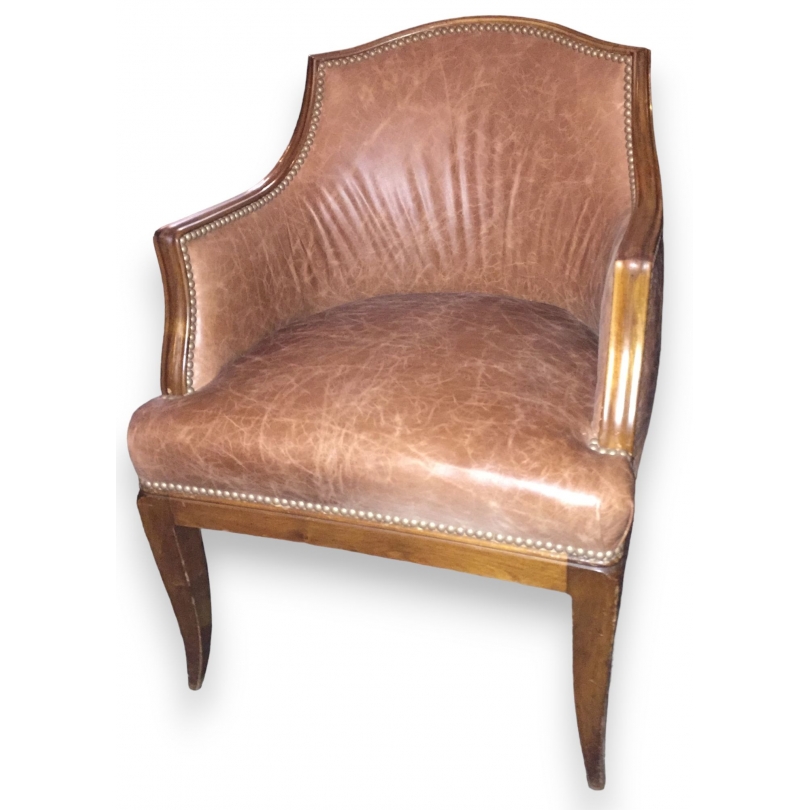 Fauteuil style Directoire en cuir brun