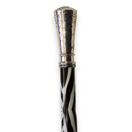 Zebra-striped walking stick with an engraved silver pommel