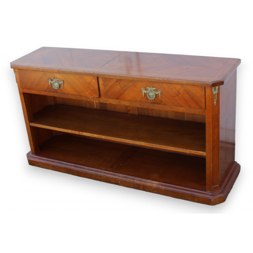 Low cherry wood bookcase with two drawers
