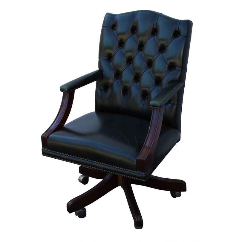 Fauteuil de bureau en acajou et cuir vert