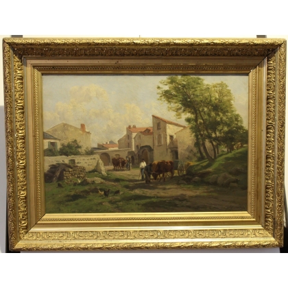 Tableau \"Scène de village\" signé Cl. QUINTON