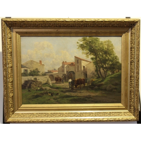 Tableau \"Scène de village\" signé Cl. QUINTON