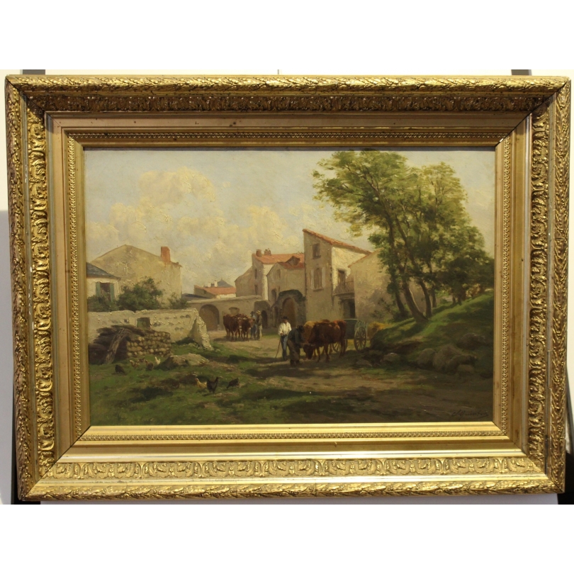 Tableau "Scène de village" signé Cl. QUINTON