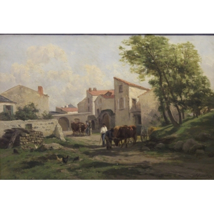Tableau \"Scène de village\" signé Cl. QUINTON