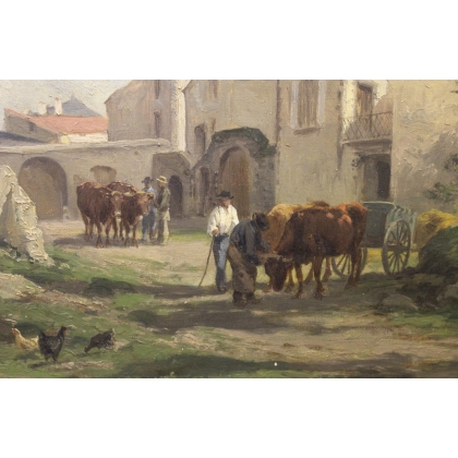 Tableau \"Scène de village\" signé Cl. QUINTON