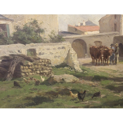 Tableau \"Scène de village\" signé Cl. QUINTON