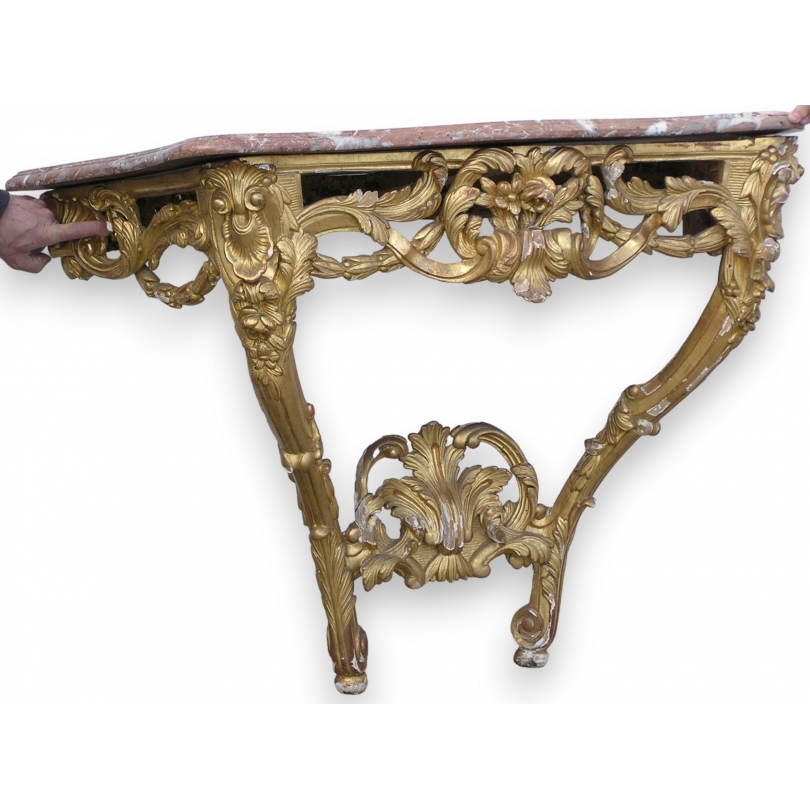  Console Louis XV en bois sculpté dessus marbre sur  Moinat SA  - Antiquités décoration