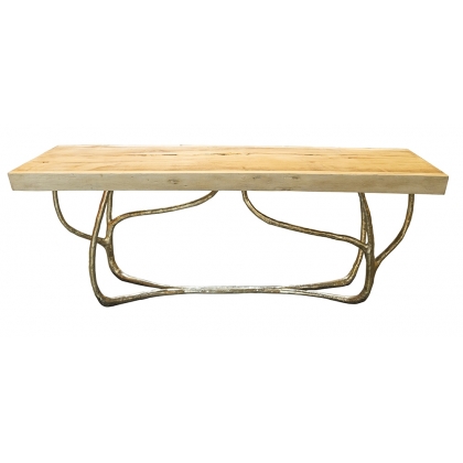 Table basse \"Lianes\" en bronze avec plateau bois
