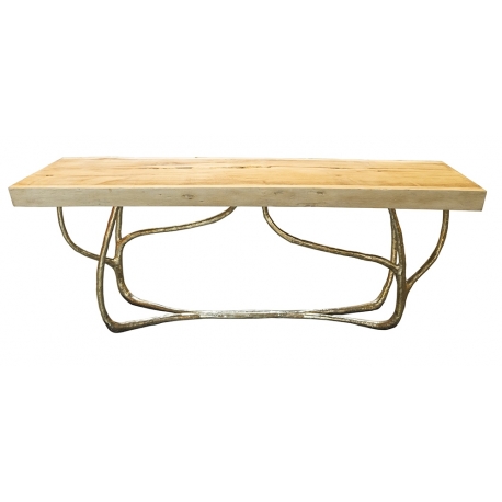 Table basse \"Lianes\" en bronze avec plateau bois