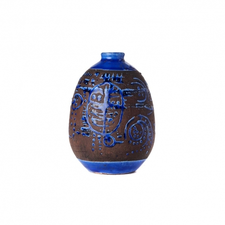 Small blue glazed stoneware ball-shaped vase