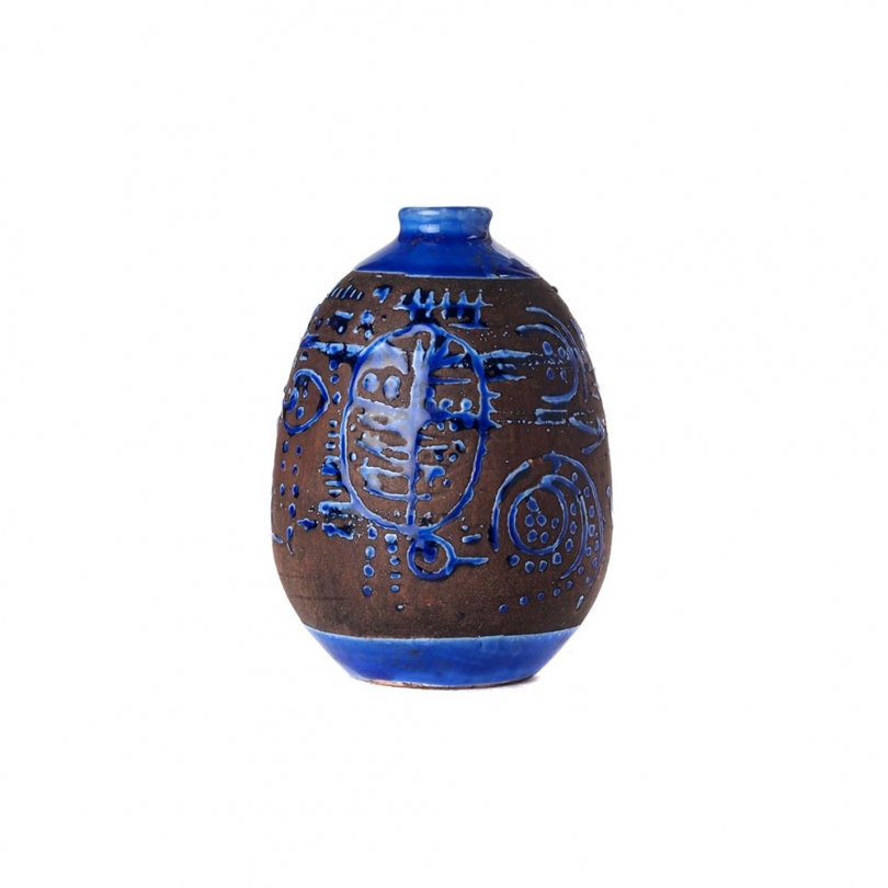 Vase boule en grés vernissé bleu, petit