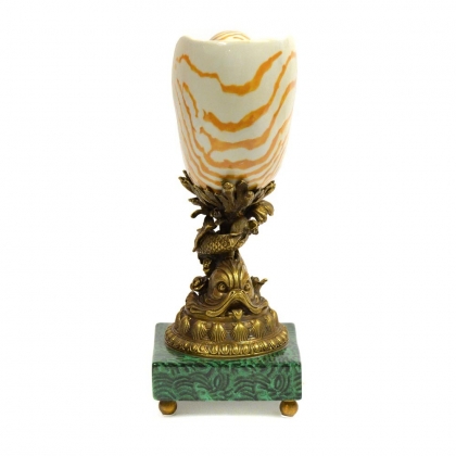 Coquillage en porcelaine sur un dauphin en bronze