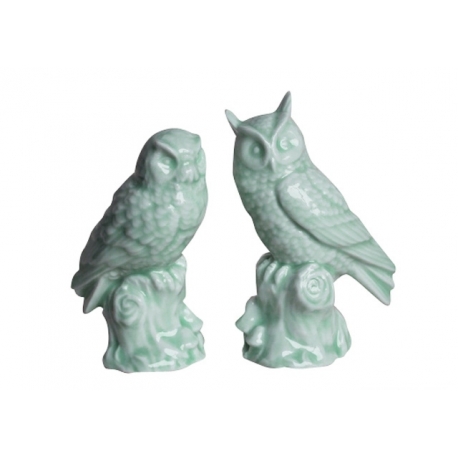 Couple de hiboux en porcelaine céladon, petit