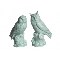 Couple de hiboux en porcelaine céladon, petit