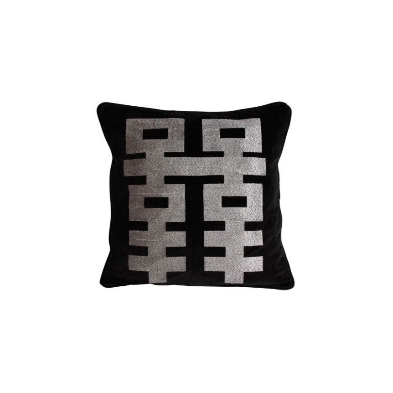 Coussin motif géométrique argenté, fond noir