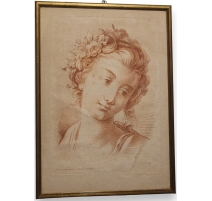 Gravure sanguine "Jeune fille aux fleurs"