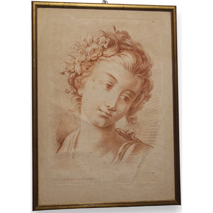 Gravure sanguine "Jeune fille aux fleurs"