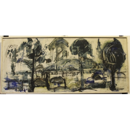 Tableau \"Bord du lac\", signé