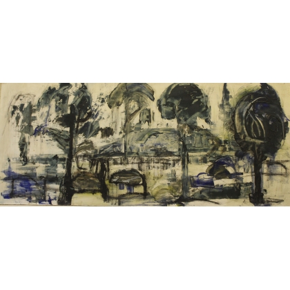 Tableau \"Bord du lac\", signé