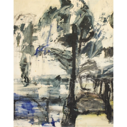 Tableau \"Bord du lac\", signé