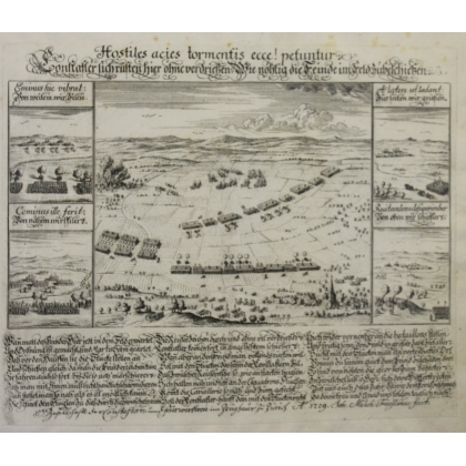 Engraving: Hostile, acies tormenfis, ecce! They are being sought