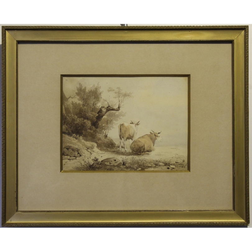 Encre de chine "Vaches" signé A CALAME 1833