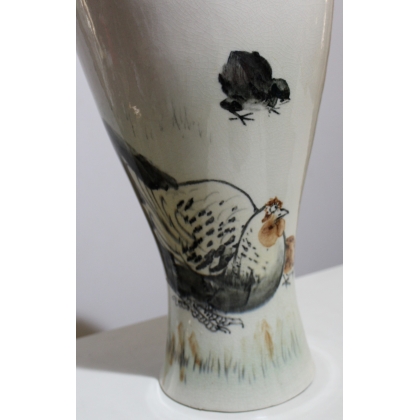 Vase chinois décor coq, poule et poussins