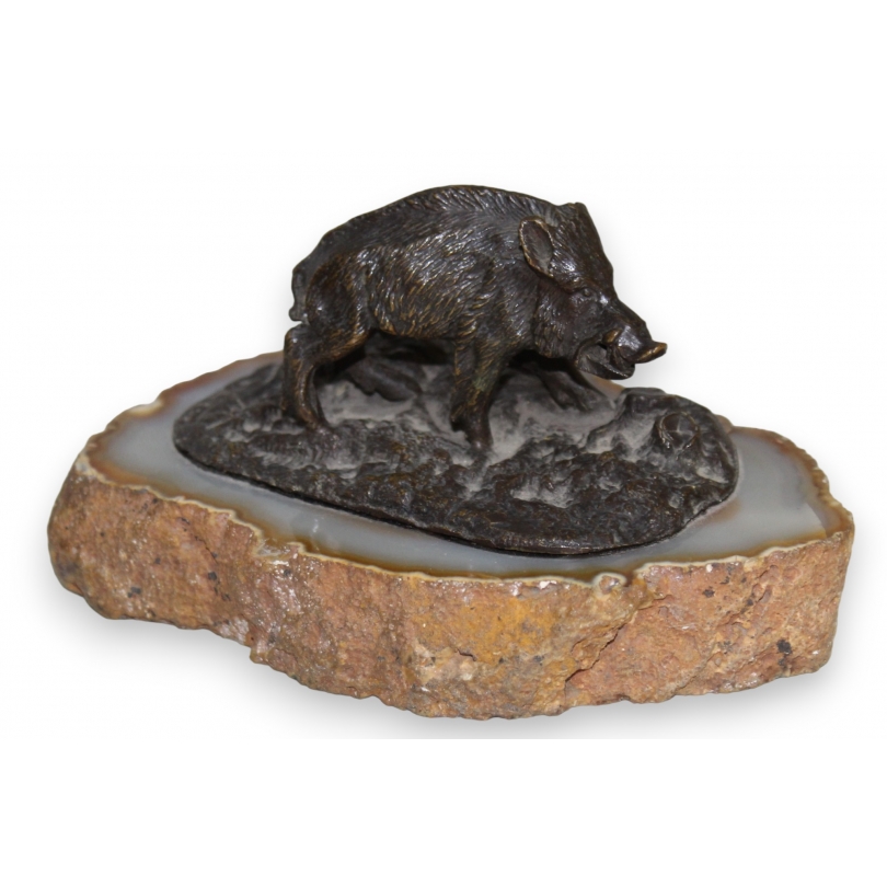 Bronze wild boar on an agate plinth